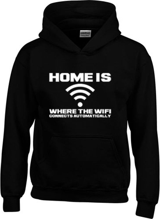 Hoodie - Home Is Where The WiFi Connects Automatically - Sarcastisch - Sarcasme - Tekst - Zwart - Unisex - Maat L