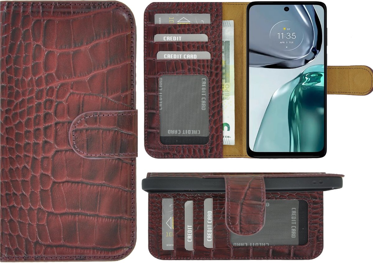 MoDo hoesje Geschikt voor Motorola Moto G62 5G - Leer Book Case - Croco Bordeauxrood