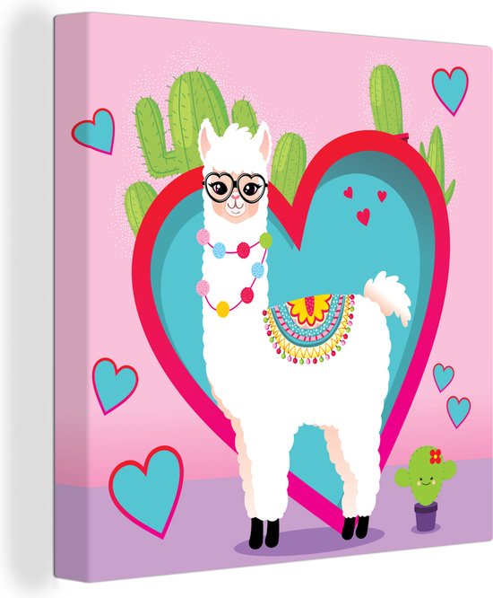 Tableau sur Toile Lama - Coeur - Cactus - 90x90 cm - Décoration murale