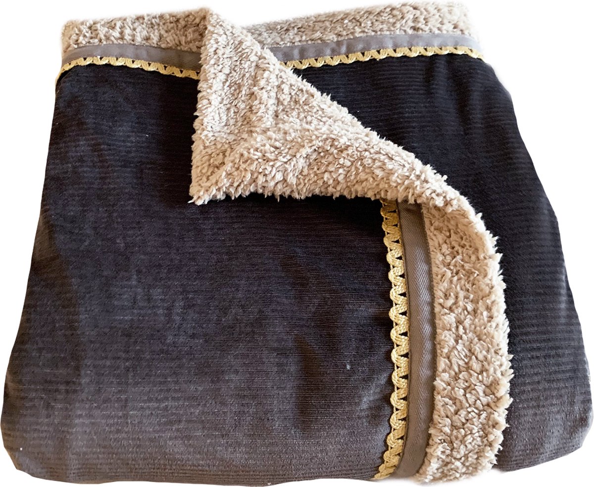 Handgemaakte woondeken of plaid bruin jersey rib velours 180 x 150 cm