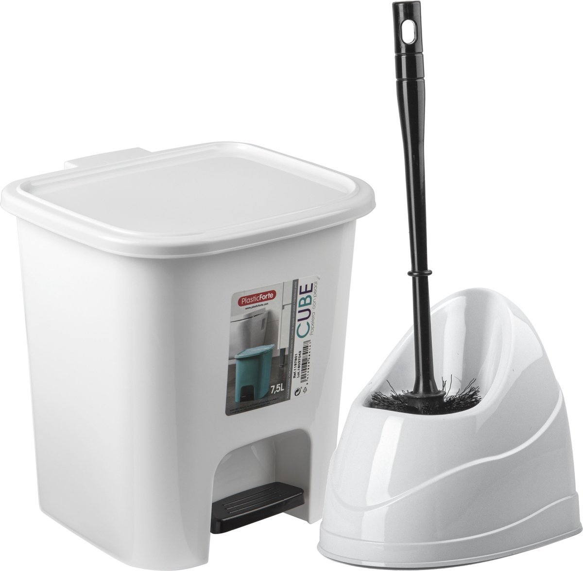 Forte Plastics - WC-/toiletborstel houder - wit - pedaalemmer 7.5L