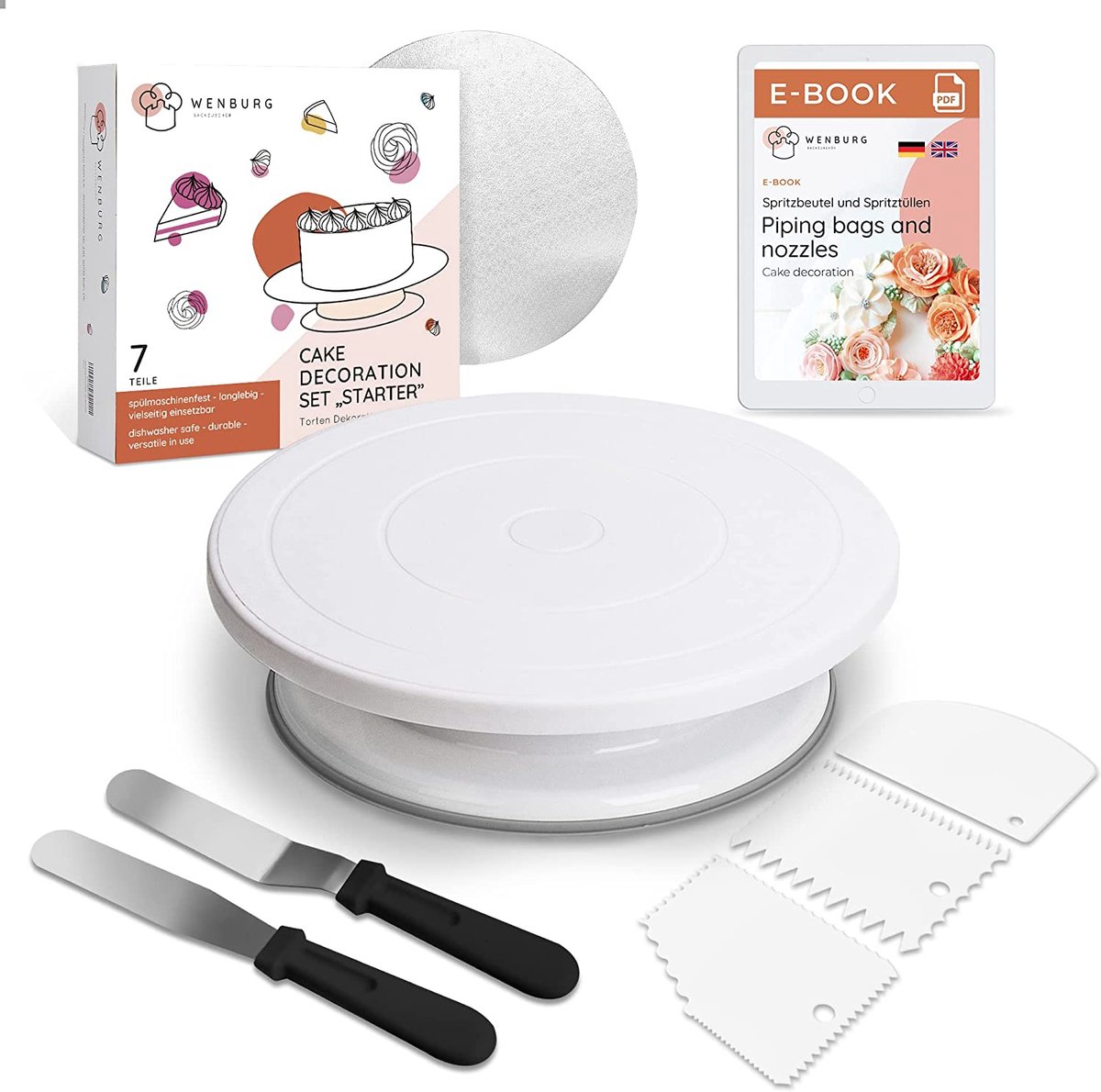 Wenburg roterende taartplaat, taartdecoratieset - bakaccessoires voor taarten - taartdraaiplateau, hoekpallets, spatel. Taart draaiplateau/taart plaat draaibaar, zoetwaren accessoires