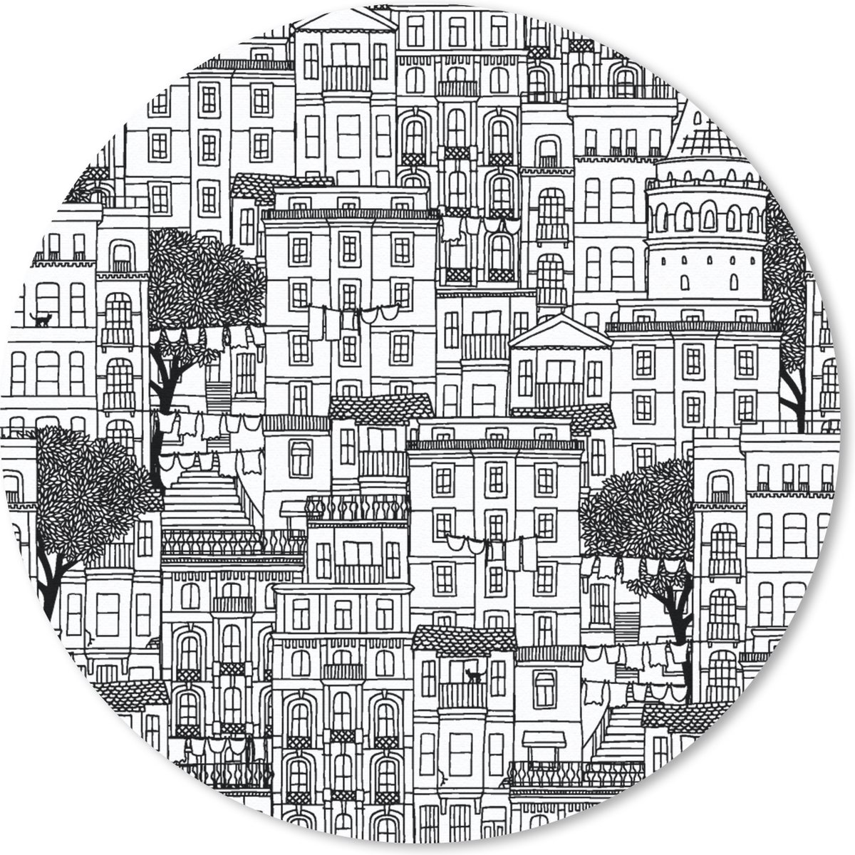 Muismat rond 50x50 cm - Mousepad Patroon - Huizen - Steden - Ronde muismatten