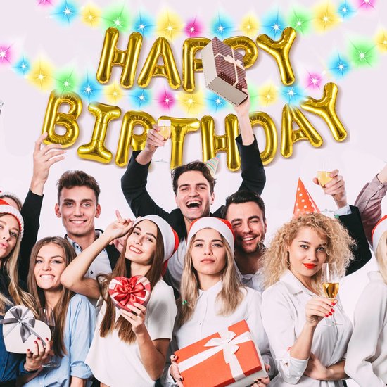 Essentials Center - Happy Birthday Folie Balonnen met LED lichtslinger - Slinger met leds - Verjaardag - Feest - Party - Decoratie - Versiering - XL - Groot - Goud