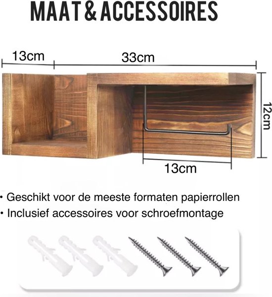 Afmetingen houten toiletrolhouder: 33x12x13cm. Geschikt voor de meeste rollen. Inclusief schroeven en pluggen.