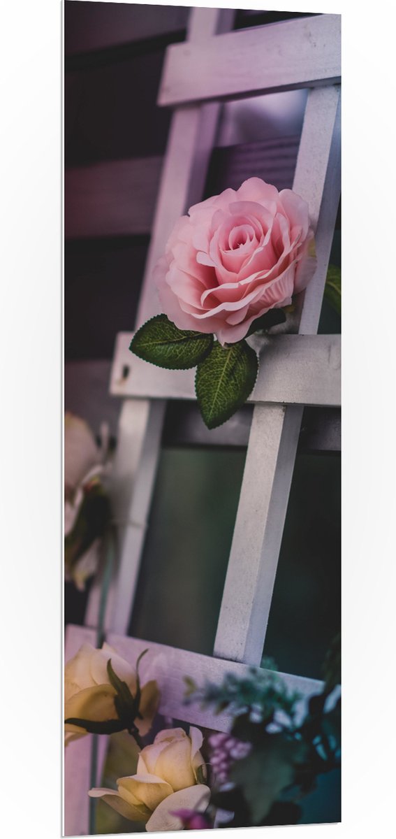 PVC Schuimplaat - Hekje met Kunstbloemen - 50x150 cm Foto op PVC Schuimplaat (Met Ophangsy