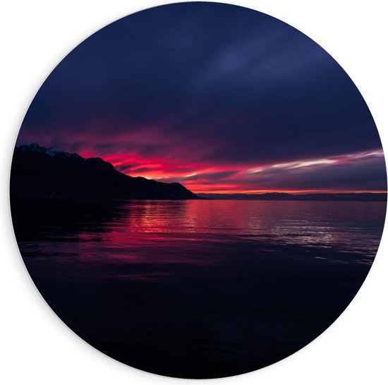 WallClassics - PVC Schuimplaat Muurcirkel - Roze Lucht boven Zee - 90x90 cm Foto op Muurcirkel (met ophangsysteem)