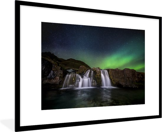 Fotolijst incl. Poster - Noorderlicht - Waterval - IJsland - Natuur - 120x80 cm - Posterlijst