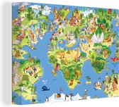 Canvas doek kids - Wereldkaart - Dieren - Natuur - Wanddecoratie - Decoratie voor kinderkamers - Canvas schilderij wereldkaart - 120x90 cm