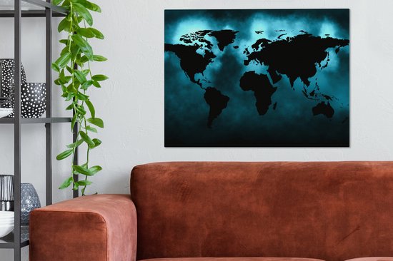 Wereldkaart Toile - 80x60 - Décoration murale Wereldkaart - Zwart - Blauw