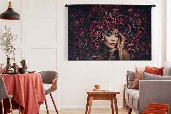 Wandkleed - Wanddoek - Vrouw - Bloemen - Henna - Portret - 180x120 cm - Wandtapijt