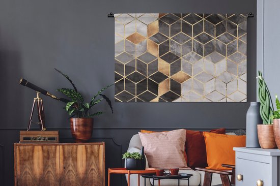 Tapisserie - Tapisserie - Abstrait - Cube - Or - Motifs - Zwart - Wit - 150x100 cm - Tapisserie