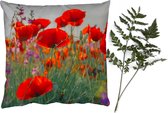 Sierkussens - Kussentjes Woonkamer - 45x45 cm - Klaproos - Bloemen - Rood - Paars - Weide