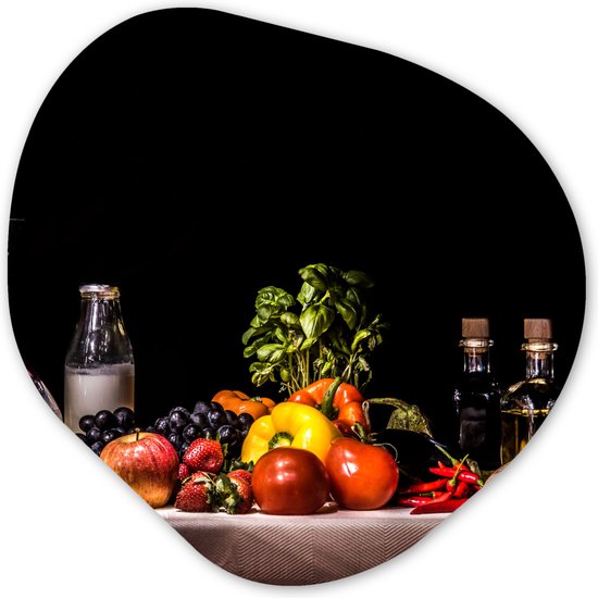 Organische Wanddecoratie - Kunststof Muurdecoratie- Organisch Schilderij - Stilleven - Eten - Drinken - Fruit - Zwart- 60x60 cm - Organische spiegel vorm op kunststof