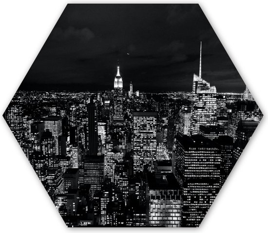 Hexagon wanddecoratie - Kunststof Wanddecoratie - Hexagon Schilderij - Skyline - Zwart - Wit - New York - Amerika - 75x65 cm