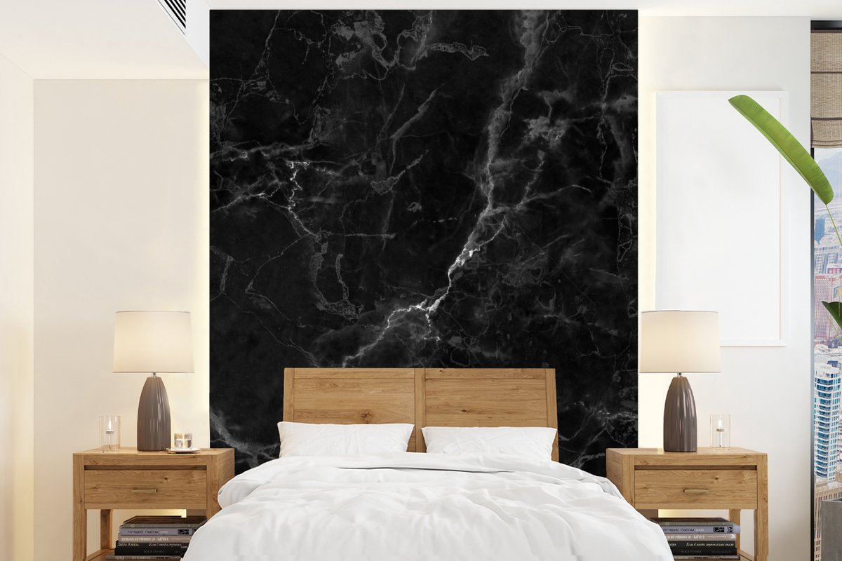 Behang - Fotobehang Marmer - Zwart - Wit - Textuur - Marmerlook - Breedte 190 cm x hoogte 260 cm
