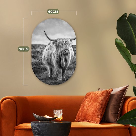 Miroir ovale mural - Décoration murale en plastique - Tableau ovale - Highlander écossais - Animaux - Nuages ​​- Vache - Nature - 60x90 cm - Miroir ovale sur plastique