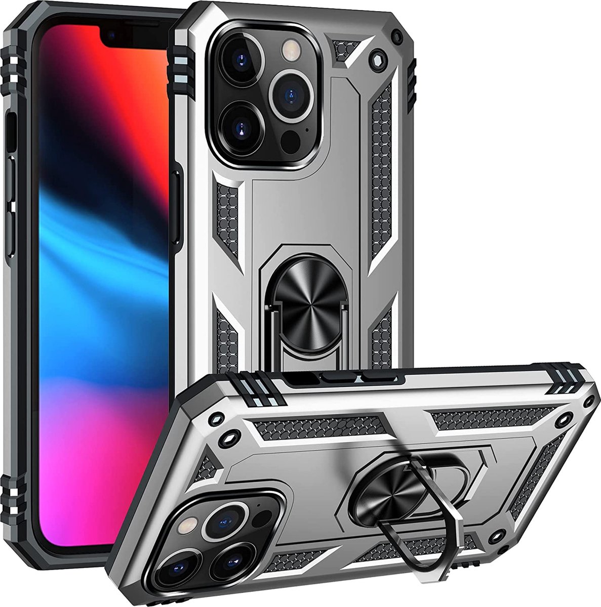 Anti-Shock Hybrid Ring Armor Hoesje Geschikt voor: iPhone 13 Pro Max - zilver