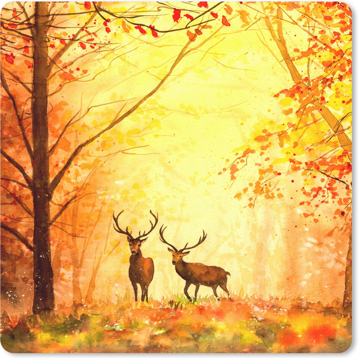 Muismat 30x30 cm - Mousepad Natuur - Olieverf - Hert - Dieren - Herfst - Oranje - Muismatten