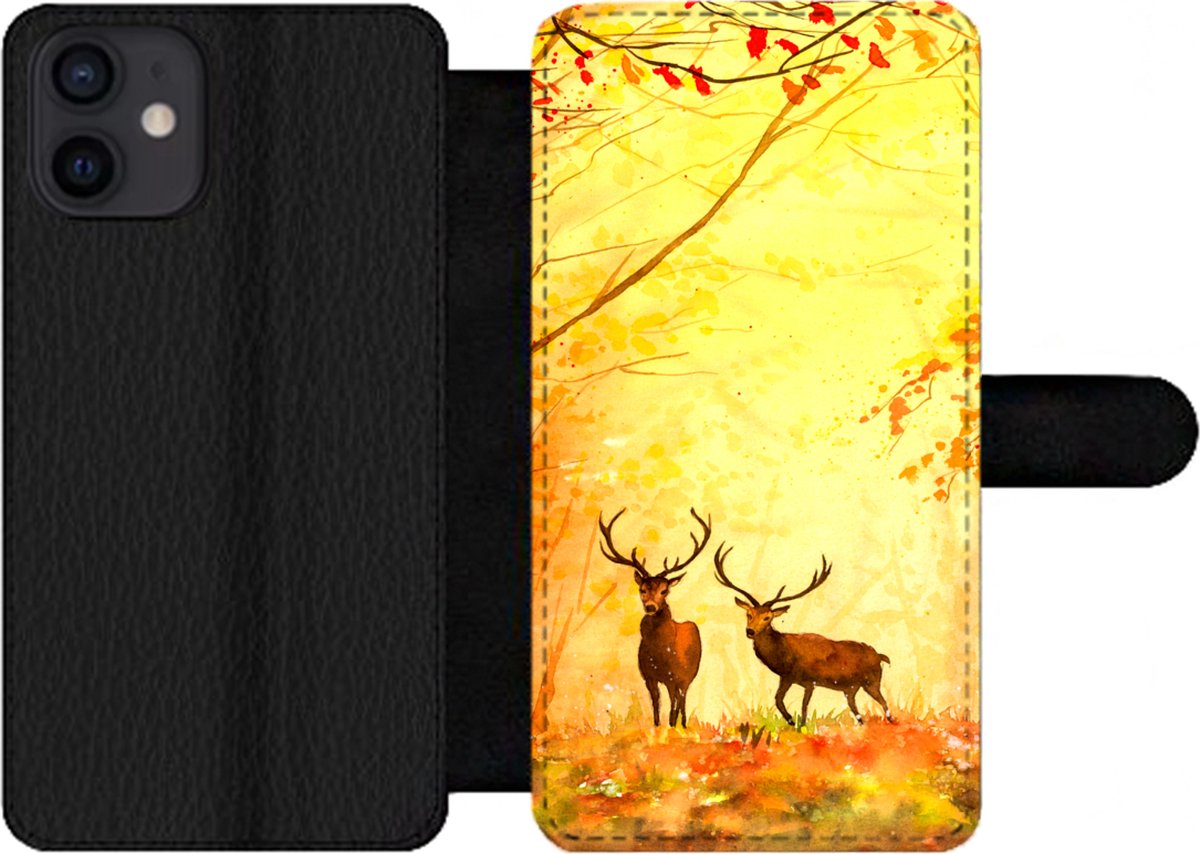 Telefoonhoesje Geschikt voor iPhone 12 telefoonhoesje - Natuur - Olieverf - Hert - Dieren - Herfst - Oranje - Met vakjes - Wallet case met magneetsluiting