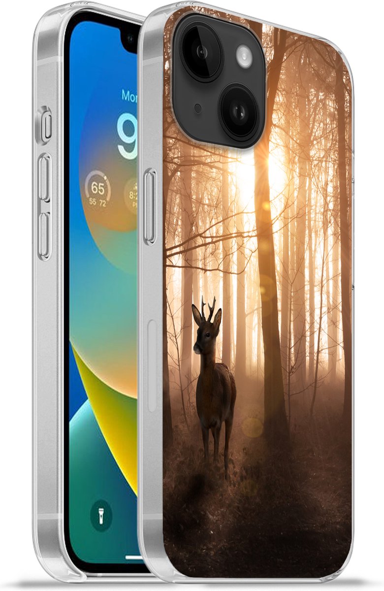 Telefoonhoesje Geschikt voor Apple Iphone 14 hoesje - Bos - Hert - Zon - Bomen - Winter - Natuur - Dieren - Siliconen Telefoonhoesje Telefoonhoesje