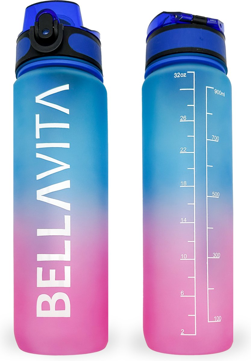 BELLAVITA Drinkfles - Blauw / Roze - Waterfles - Drinkfles volwassenen - Drinkfles kinderen - Drinkfles 1 liter - Fles - 1 liter - 1000ml - Tritan - Fruitfilter- BPA-vrij - 100% lekvrij