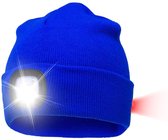 Marineblauwe herlaadbare LED BEANIE MUTS met wit licht vooraan en rood licht achteraan, uw garantie voor veiligheid en comfort