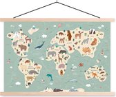 Schoolplaat kinderen - Muurdecoratie - Wereldkaart Kinderen - Dieren - Aarde - Posterhanger - Textielposter - 90x60 cm - Kinderkamer decoratie