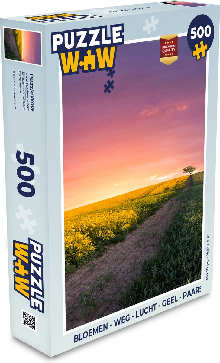 Puzzel Bloemen - Weg - Lucht - Geel - Paars - Zonsondergang - Natuur - Legpuzzel - Puzzel 500 stukjes