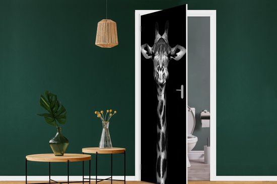 Sticker pour porte Girafe - Portrait - Animaux - Zwart - Wit - 90x215 cm - Affiche de porte