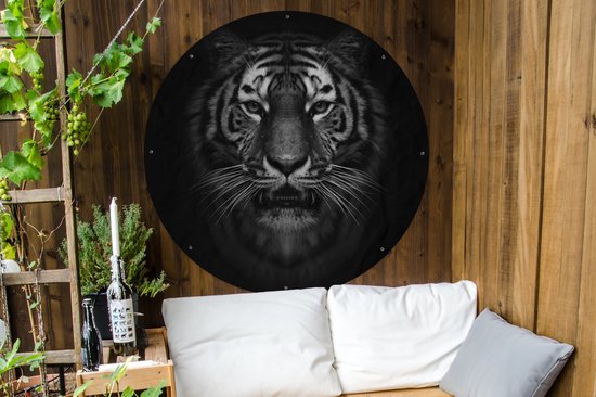 Tuincirkel Tijger - Dieren - Zwart - Wit - Portret - Wild - 120x120 cm - Ronde Tuinposter - Buiten XXL / Groot formaat!
