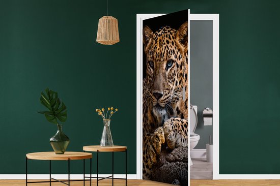 Deursticker Wilde dieren - Panter - Portret - Zwart - Dieren - 85x205 cm - Deurposter