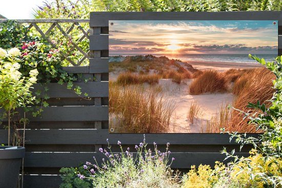 Affiche jardin - Toile Posters de jardin extérieur - Dune - Plantes - Coucher de soleil - Plage - Mer - 120x80 cm - Jardin