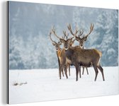 Décoration murale Métal - Peinture Aluminium Industriel - Cerfs - Animaux - Neige - Hiver - Paysage - Nature - 90x60 cm - Dibond - Photo sur aluminium - Décoration murale industrielle - Pour le salon/chambre