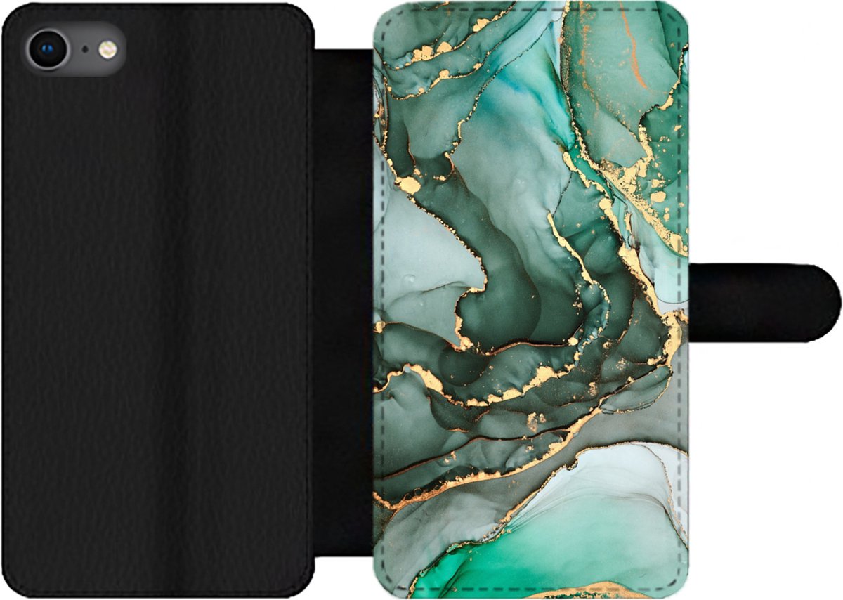 Telefoonhoesje Geschikt voor iPhone SE 2020 telefoonhoesje - Goud - Marmer print - Groen - Luxe - Marmer printlook - Grijs - Met vakjes - Wallet case met magneetsluiting