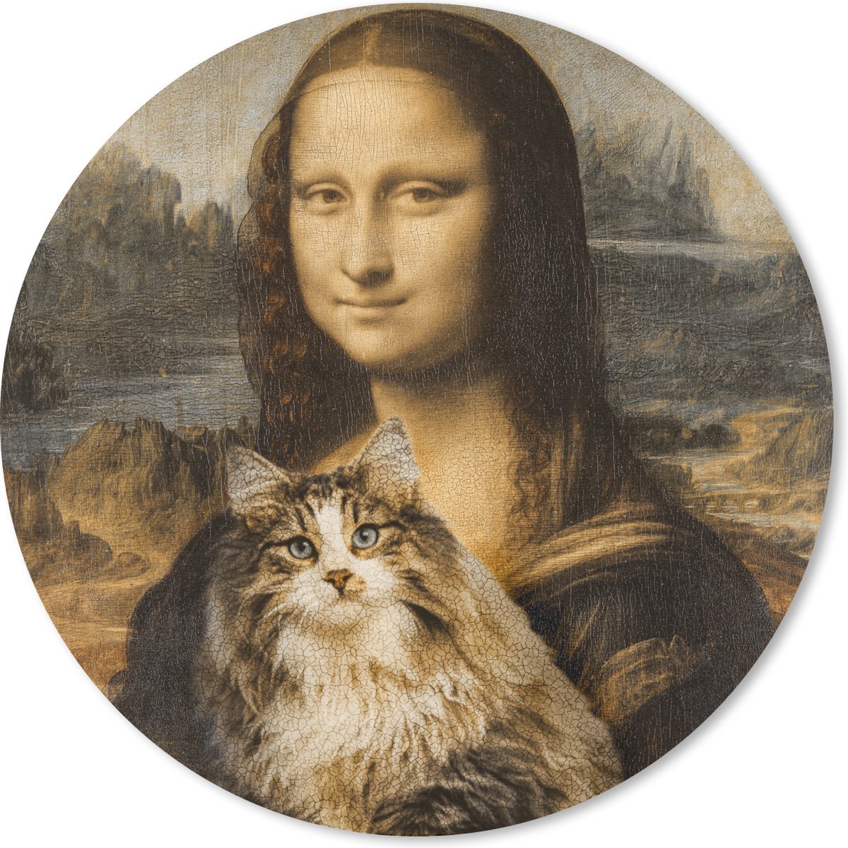 Muismat rond 50x50 cm - Mousepad Mona Lisa - Kat - Leonardo da Vinci - Vintage - Kunstwerk - Oude meesters - Schilderij - Ronde muismatten