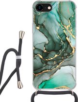 Hoesje met koord Geschikt voor iPhone SE 2020 - Goud - Marmer print - Groen - Luxe - Marmer printlook - Grijs - Siliconen - Crossbody - Backcover met Koord - Telefoonhoesje met koord - Hoesje met touw