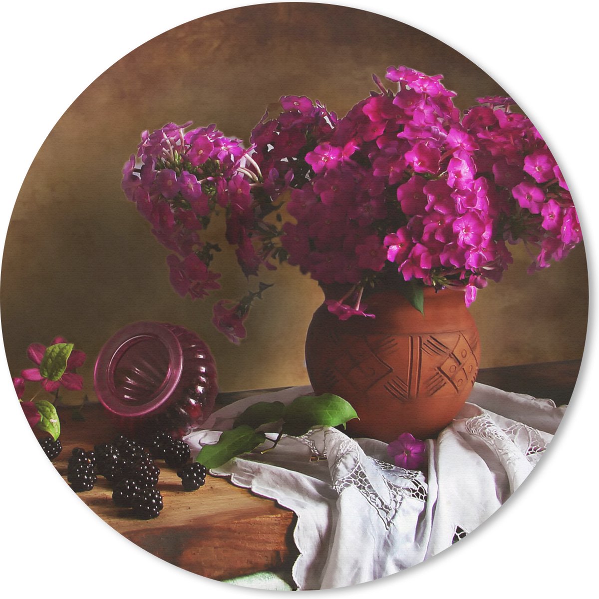 Muismat rond 40x40 cm - Mousepad Rustiek - Bloemen - Roze - Vaas - Stilleven - Ronde muismatten