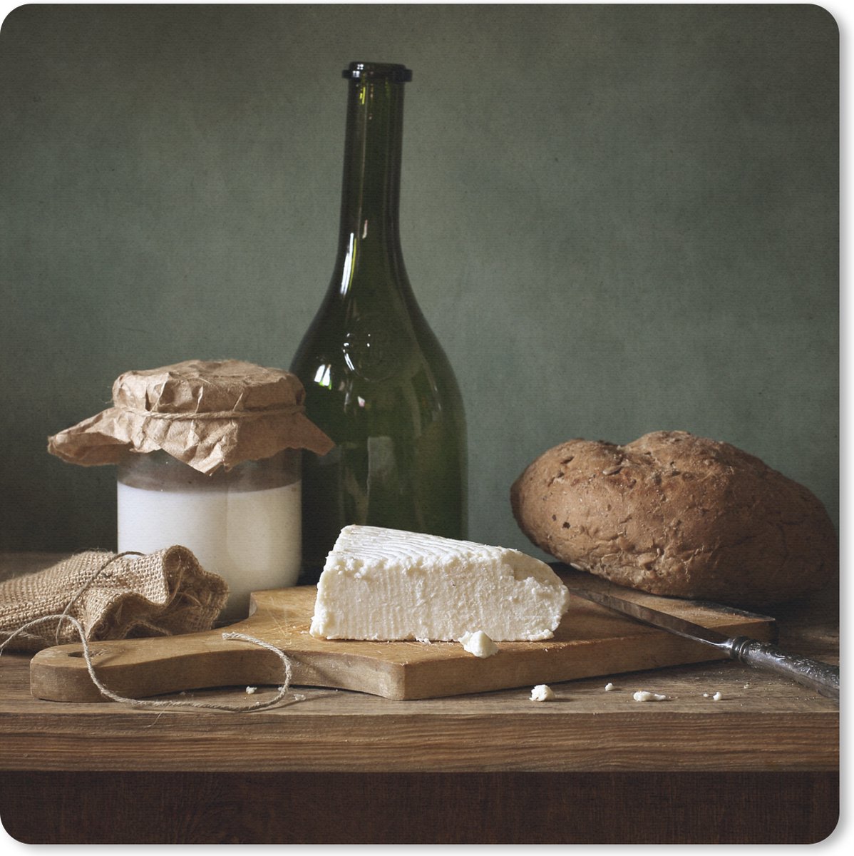 Muismat 20x20 cm - Mousepad Rustiek - Brie - Stilleven - Fles - Brood - Muismatten