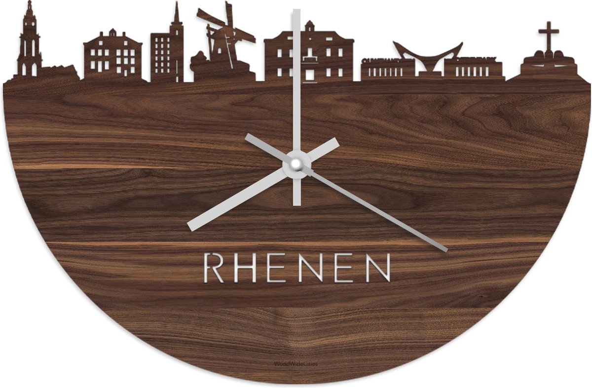 Skyline Klok Rhenen Notenhout - Ø 40 cm - Stil uurwerk - Wanddecoratie - Meer steden beschikbaar - Woonkamer idee - Woondecoratie - City Art - Steden kunst - Cadeau voor hem - Cadeau voor haar - Jubileum - Trouwerij - Housewarming - WoodWideCities
