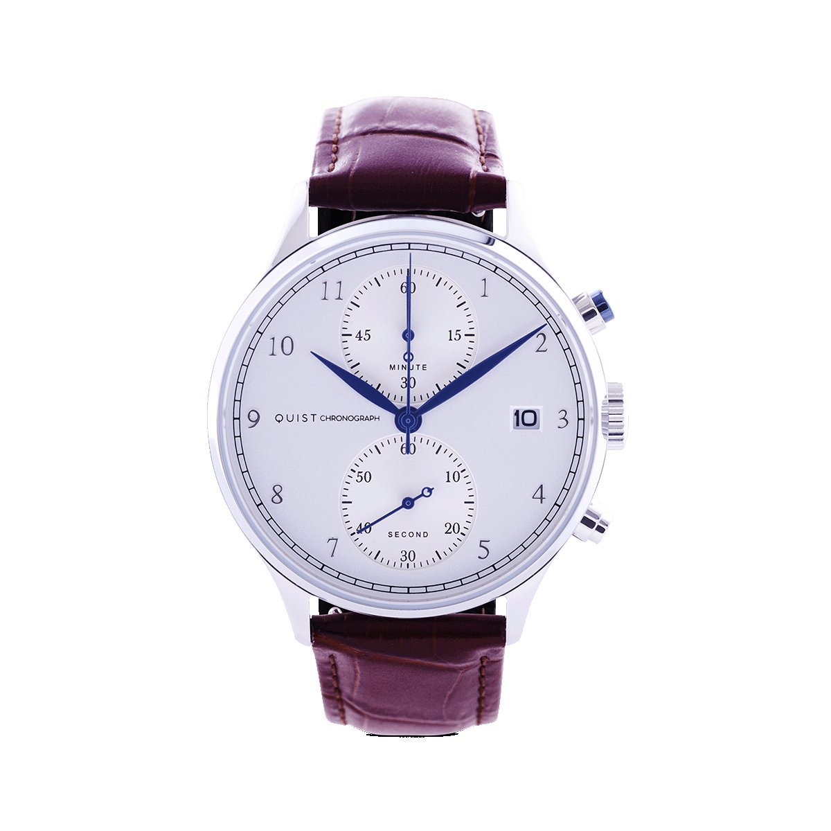 QUIST - Chronograph herenhorloge - zilver - witte wijzerplaat - bruine croco lederen horlogeband - 41mm