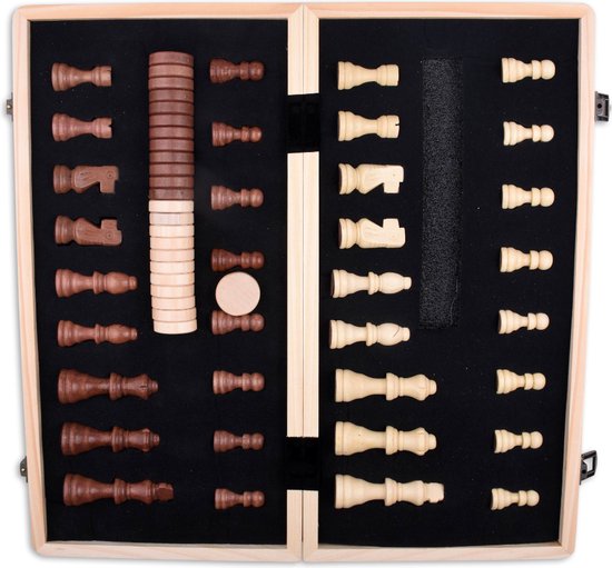 Thumbnail van een extra afbeelding van het spel 2-in-1 Bordspel - 39 cm - Magnetisch - Schaakbord - Dambord - Backgammon - Schaakspel - Schaakset - Schaken - Dammen - Met Schaakstukken - Chess - Hout - Opklapbaar