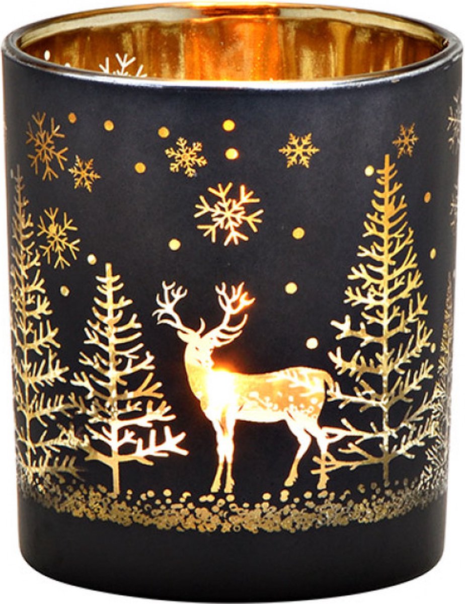 windlicht - waxinelichthouder - Lantaarn winterbosdecor van glas zwart 7cmx8cmx7cm - goud - kerst - rendier - SMAL