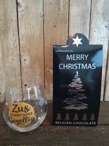 Cadeauset-Pakket-Kerst-Kerstmis-Kerstpakket-Chocolade-Belgische Chocolade-Merry Christmas-Happy New year-Happy-Gelukkig nieuwjaar-waterglas-glas-wijnglas-zus-lieve zus-zussendag-maatje-beste vriendin-meidenavond