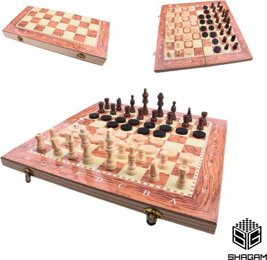 Afbeelding van het spel 3-in-1 Bordspel - 24 cm - Schaakbord - Dambord - Backgammon - Schaakspel - Schaakset - Schaken - Dammen - Met Schaakstukken - Chess - Hout - Opklapbaar