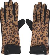 Zachte dames stretch handschoenen luipaard print dierprint zwart camel met touchscreen maat L / 8