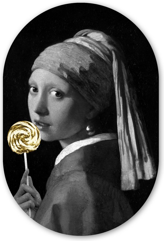 Muurovaal - Kunststof Wanddecoratie - Ovalen Schilderij - Meisje met de parel - Johannes Vermeer - Lolly - Goud - 60x90 cm - Ovale spiegel vorm op kunststof