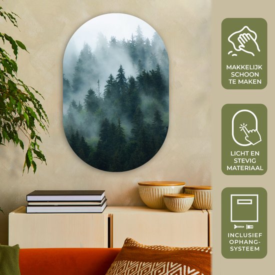 Wall Oval - Décoration murale Plastique - Peinture Ovale - Brouillard - Arbres - Forêt - 60x90 cm - Forme miroir ovale sur plastique