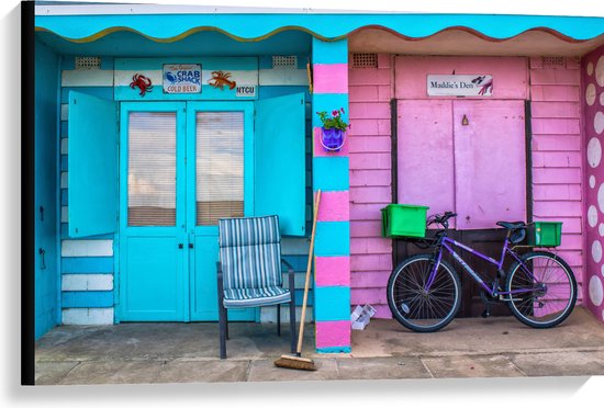 WallClassics - Canvas  - Blauw en Roze Strandhuisjes - 90x60 cm Foto op Canvas Schilderij (Wanddecoratie op Canvas)