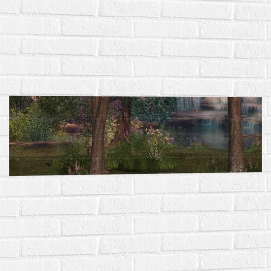 WallClassics - Muursticker - Bloemen en Bomen bij Waterval - 90x30 cm Foto op Muursticker
